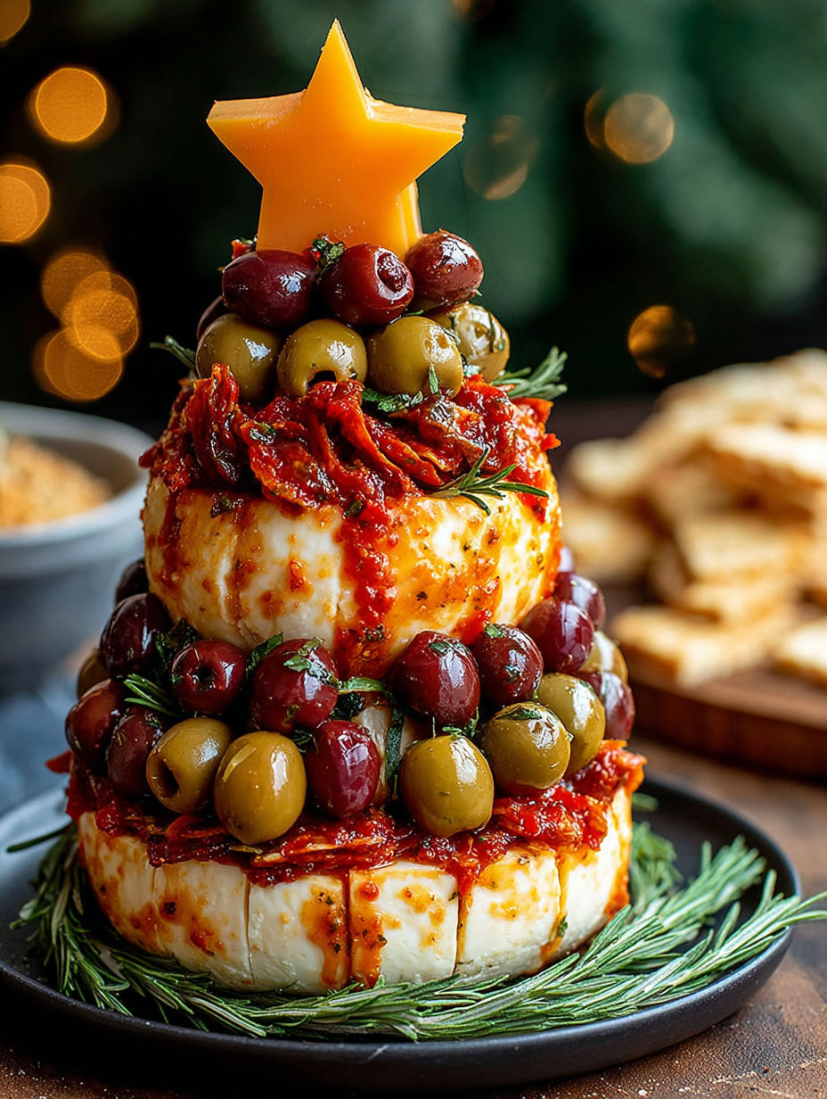 A cheese ball is decorated like a Christmas tree.