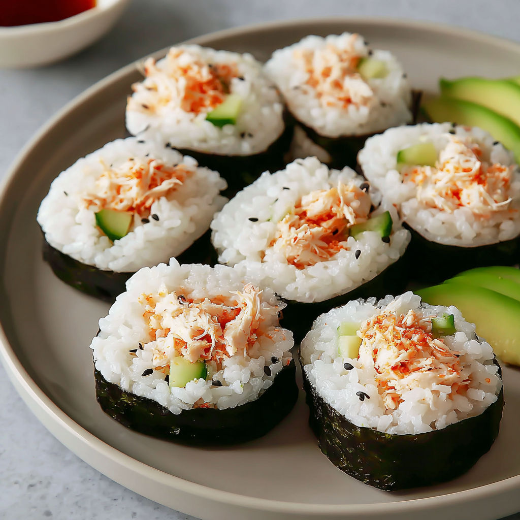 A plate of sushi with crab meat and avocado.
