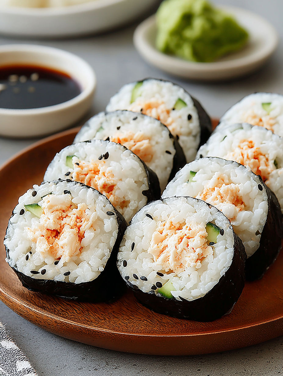 A plate of sushi with rice and crab.