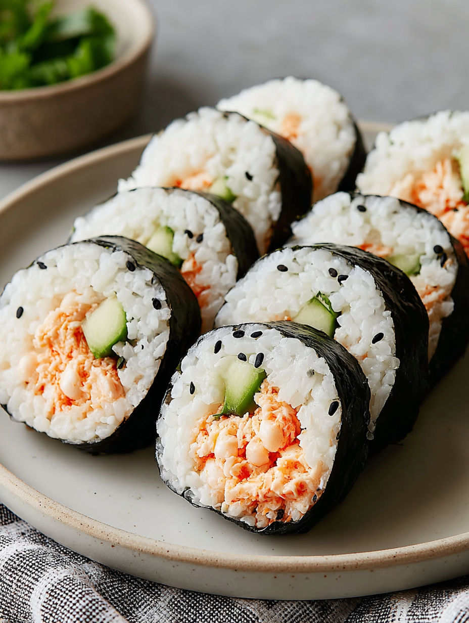 A plate of sushi with cucumber and crab meat.