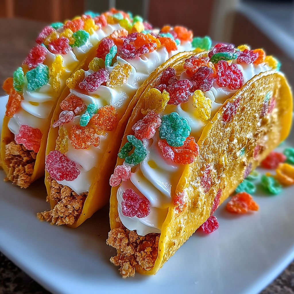 Two tacos with Fruity Pebbles on top.