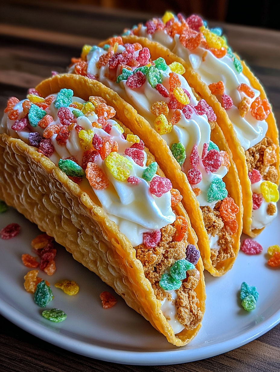 A plate of Fruity Pebbles Cheesecake Tacos.