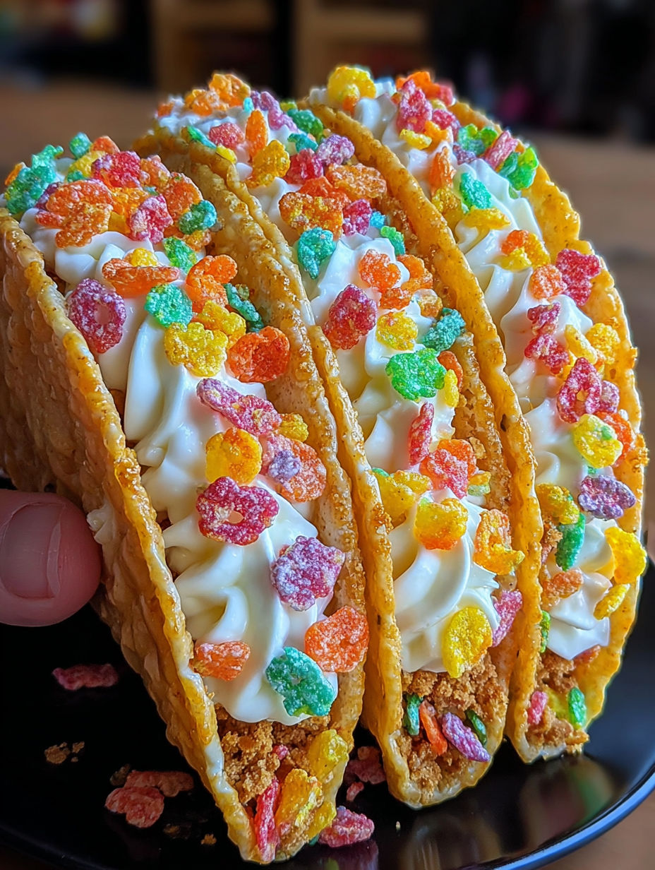 A hand holding a Fruity Pebbles Cheesecake Taco.