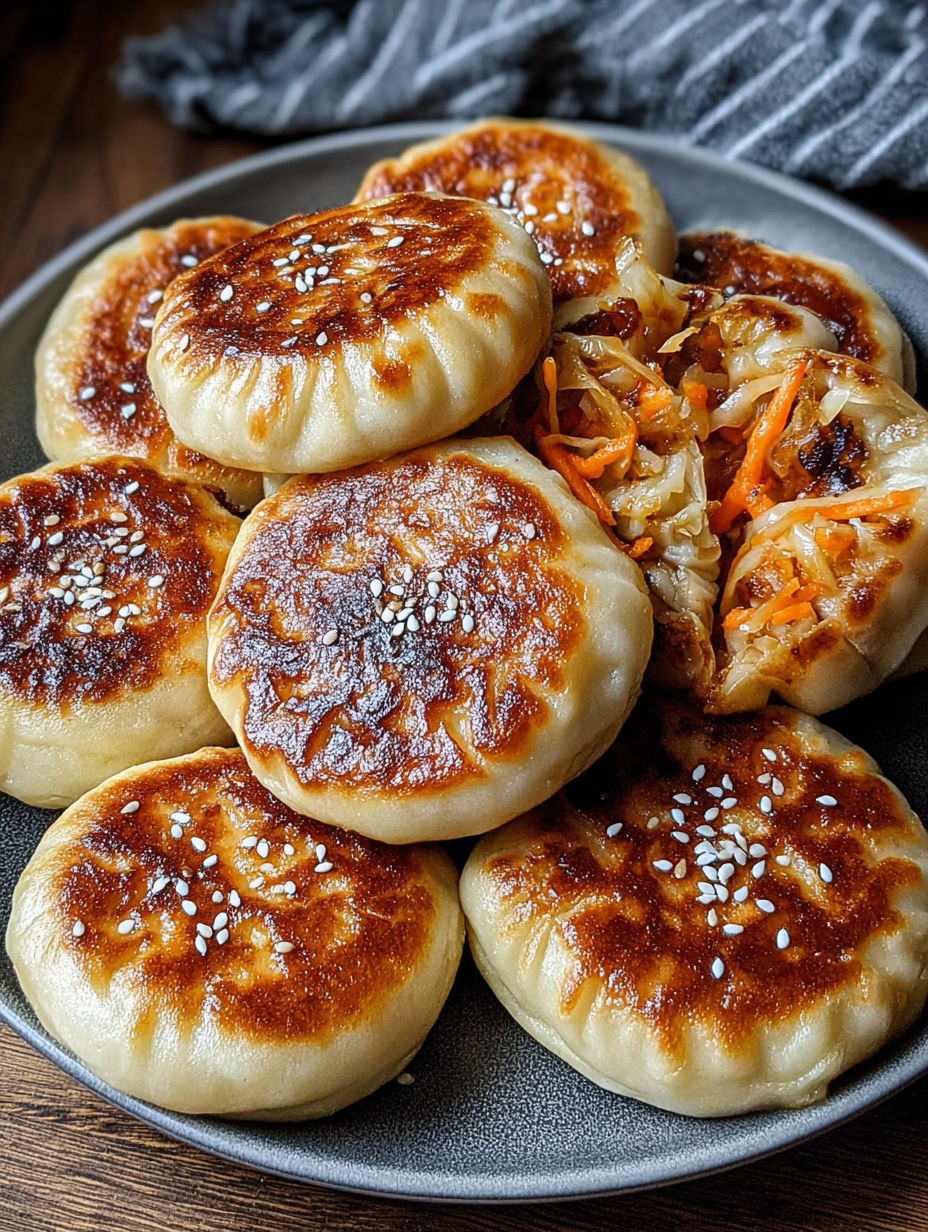 A plate of crispy pan-fried cabbage and noodle buns.