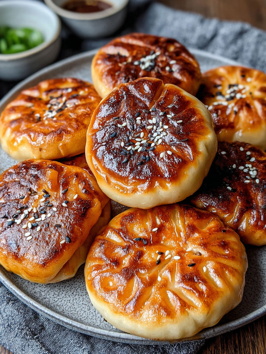 A plate of crispy pan-fried cabbage and noodle buns.