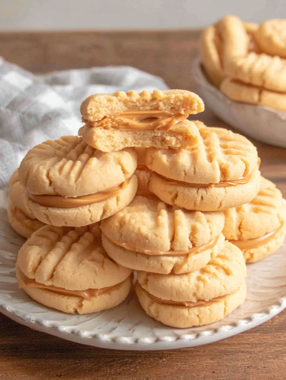 A stack of cookies with peanut butter and jelly.