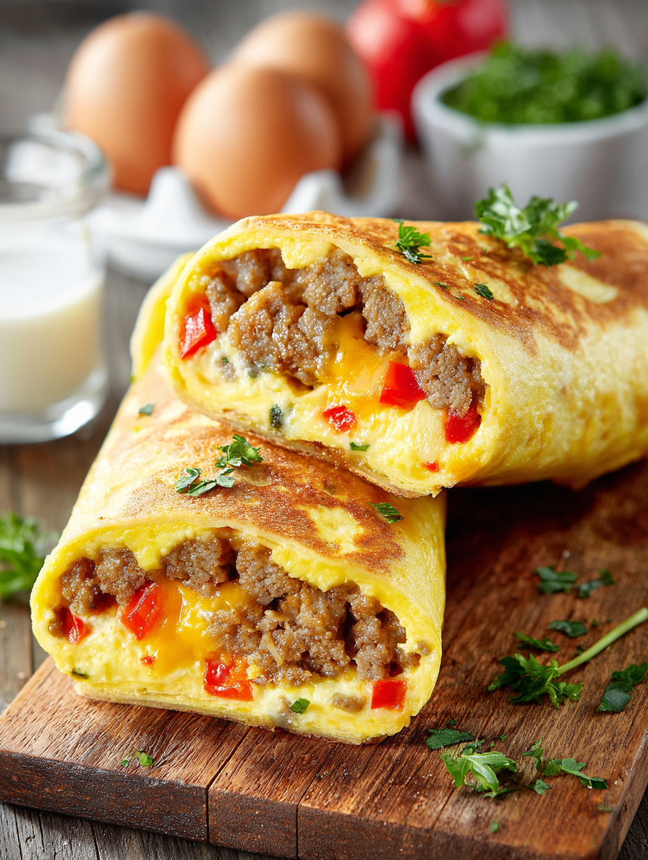 Two high protein egg wraps on a wooden table.