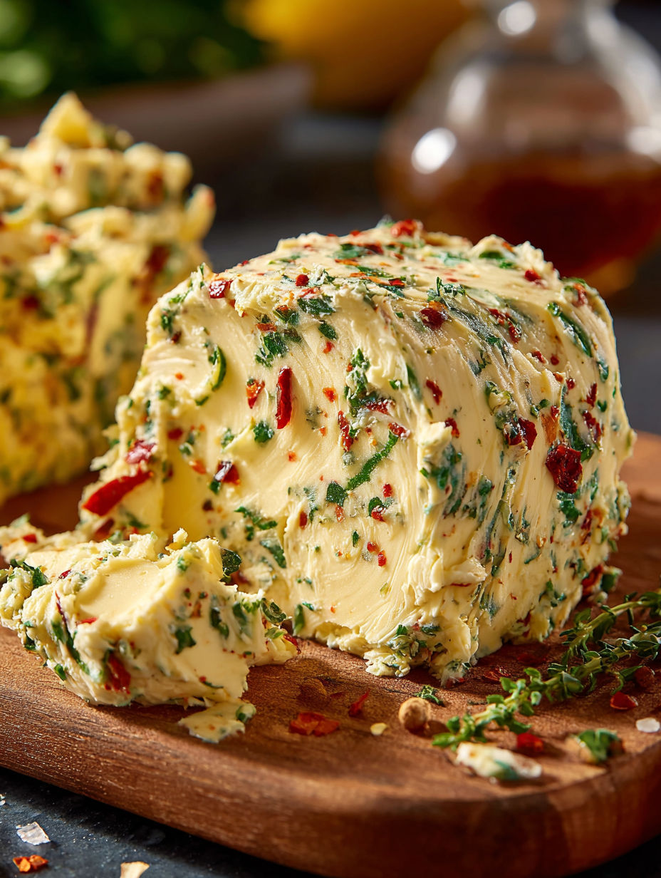 A piece of cowboy butter on a wooden cutting board.