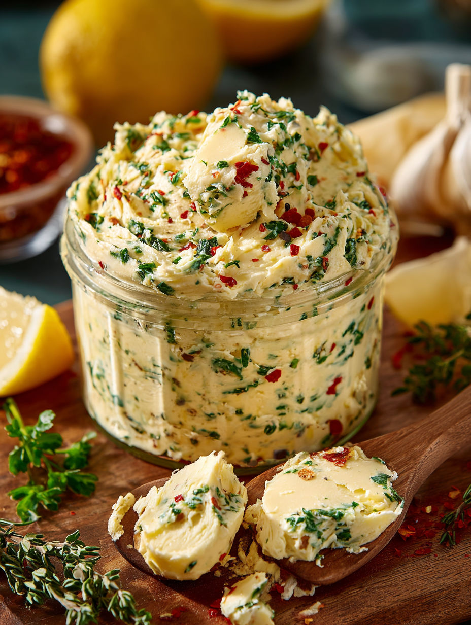 A jar of cowboy butter with a spoon in it.