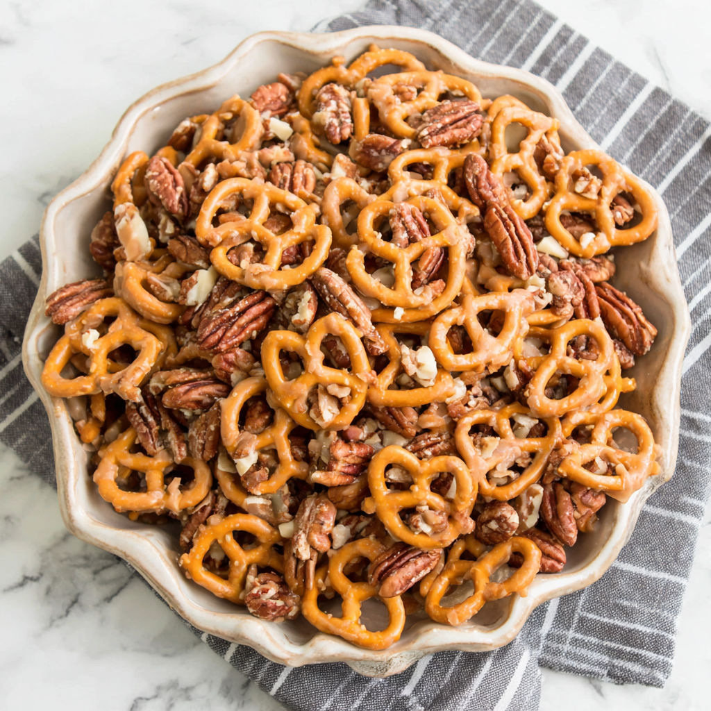A bowl of butter toffee pretzels.
