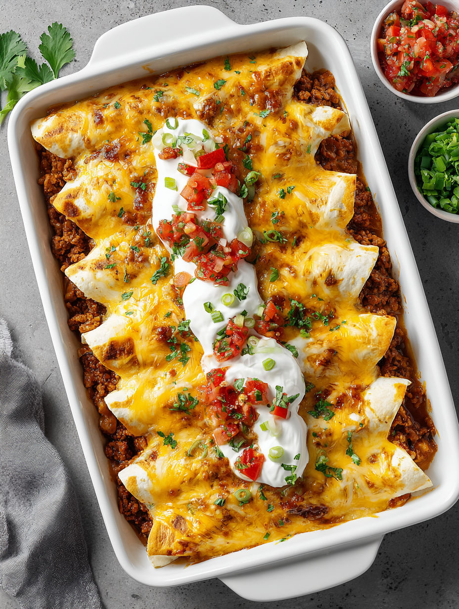 A breakfast burrito casserole with cheese, tomatoes, and sour cream.