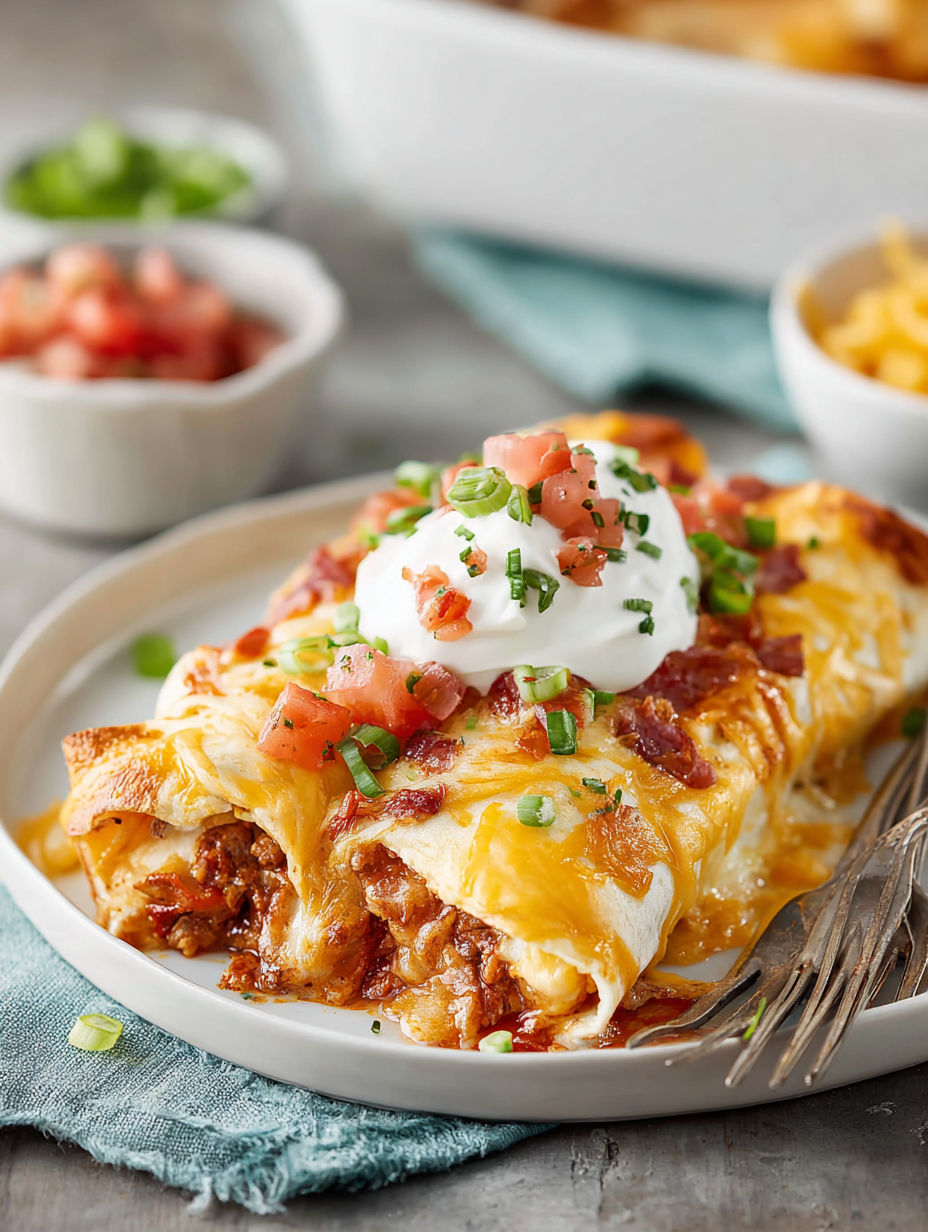 A breakfast burrito casserole with tomatoes, cheese, and sour cream.