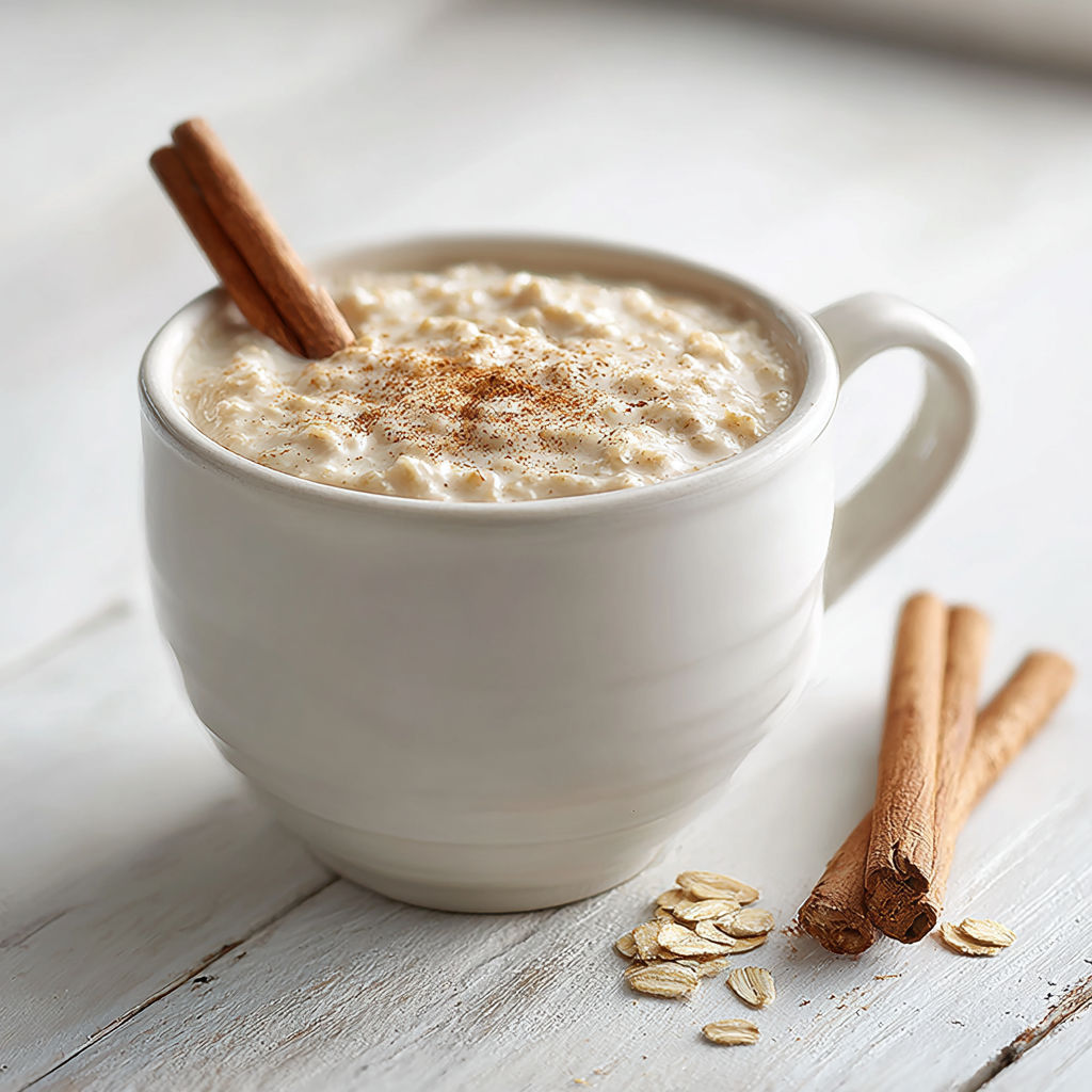 A cup of creamy Dominican oatmeal with cinnamon and nutmeg.