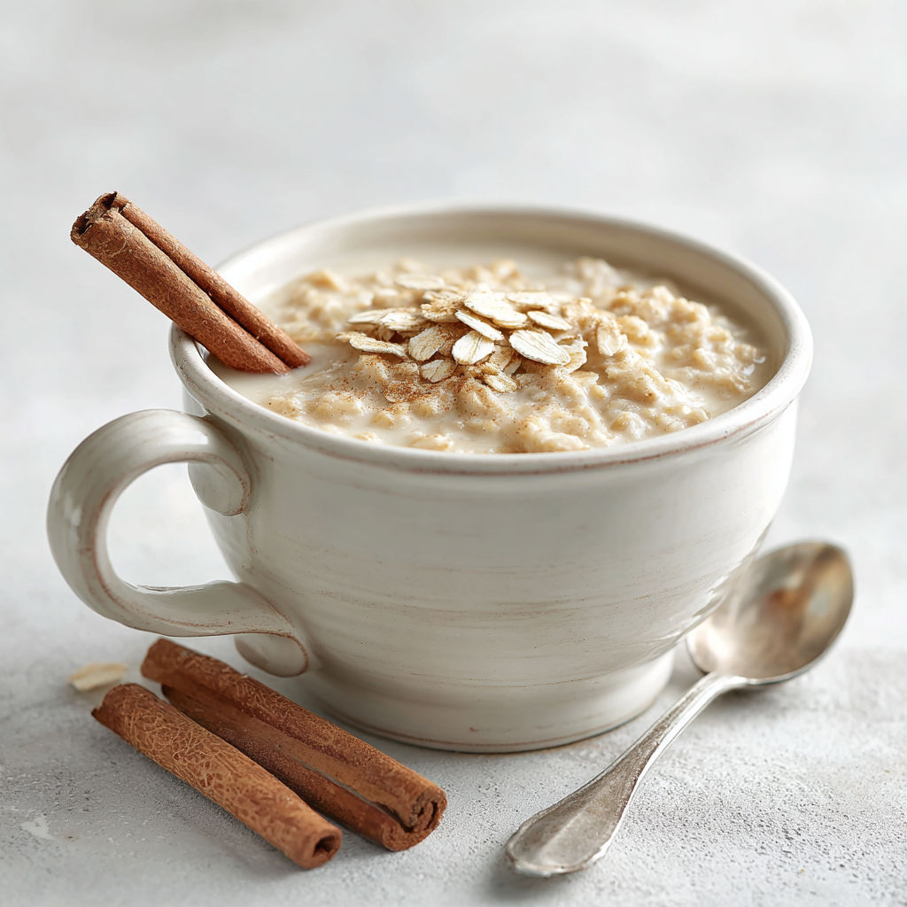 A cup of creamy Dominican oatmeal with cinnamon sticks in it.