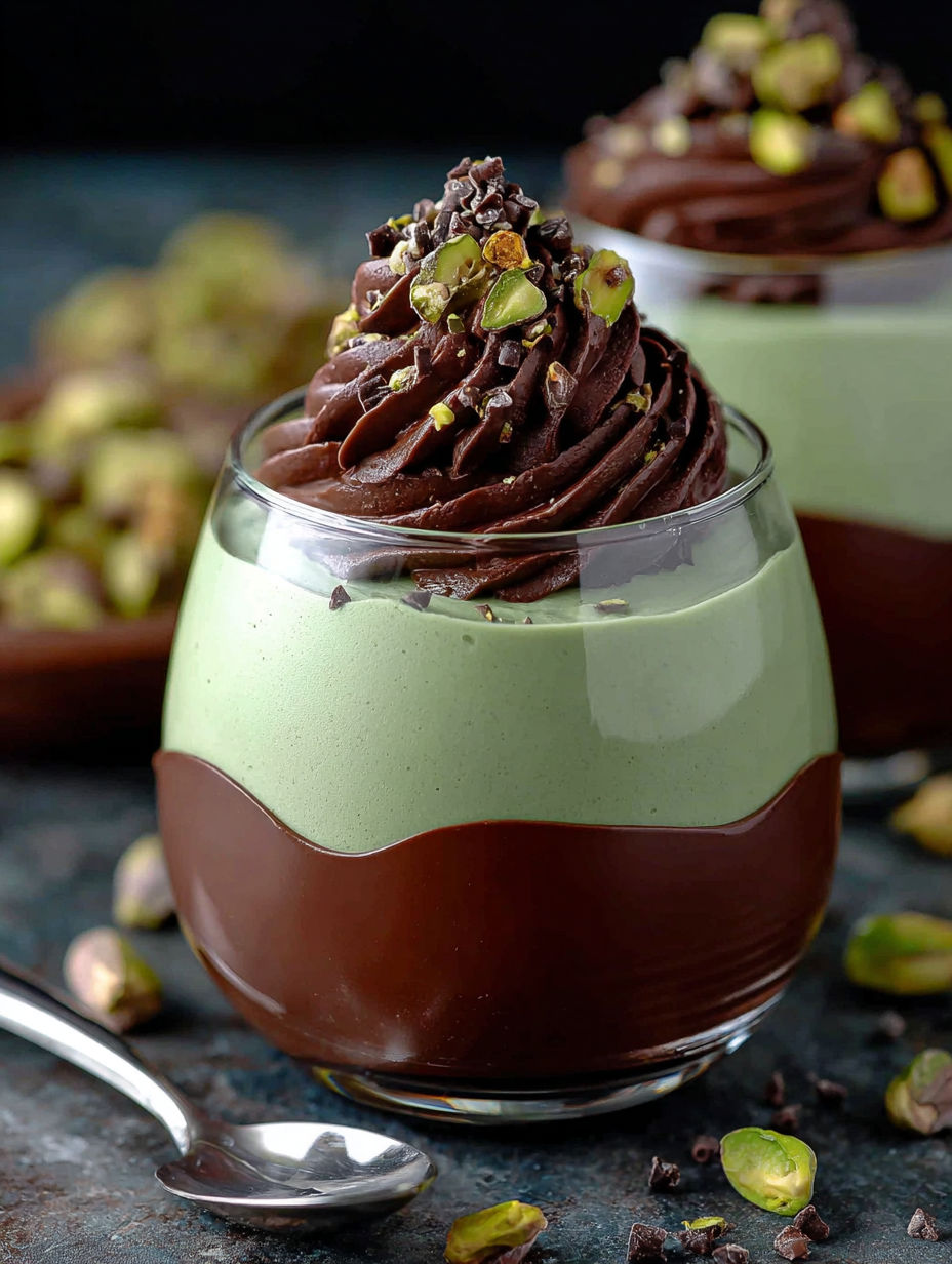 A small glass of chocolate mousse with pistachio nuts on top.