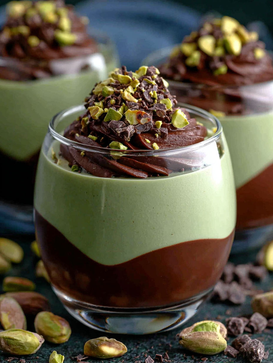 A close up of a chocolate and pistachio mousse dessert.