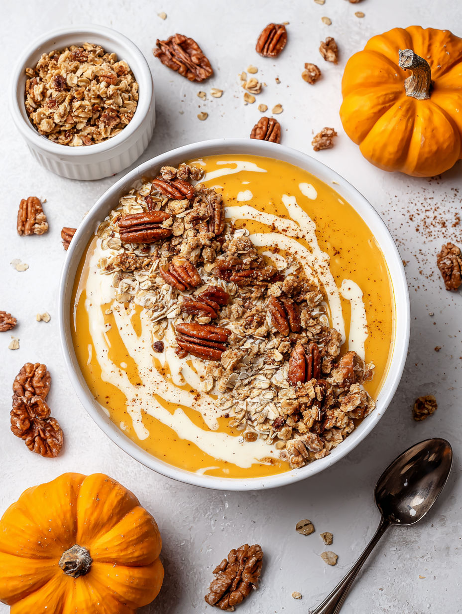 A bowl of pumpkin pie yogurt with nuts on top.