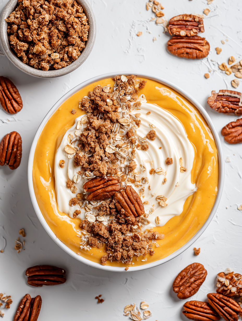 A bowl of pumpkin pie yogurt.