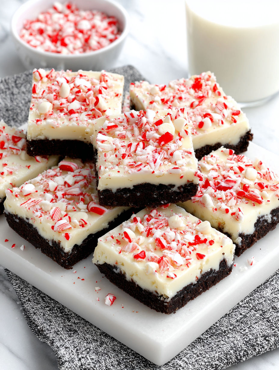 A plate of peppermint bars with white frosting and red candy canes.