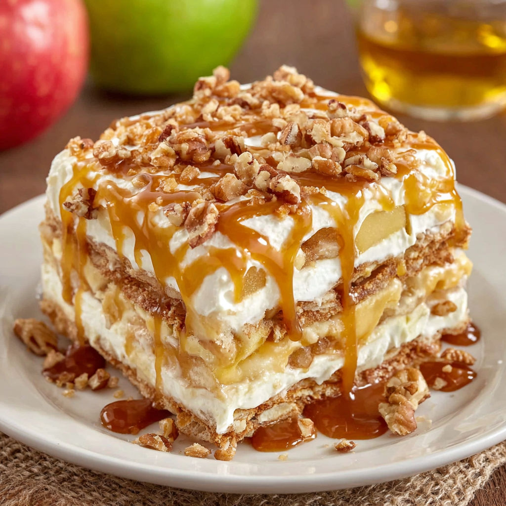 A slice of caramel apple eclair cake.
