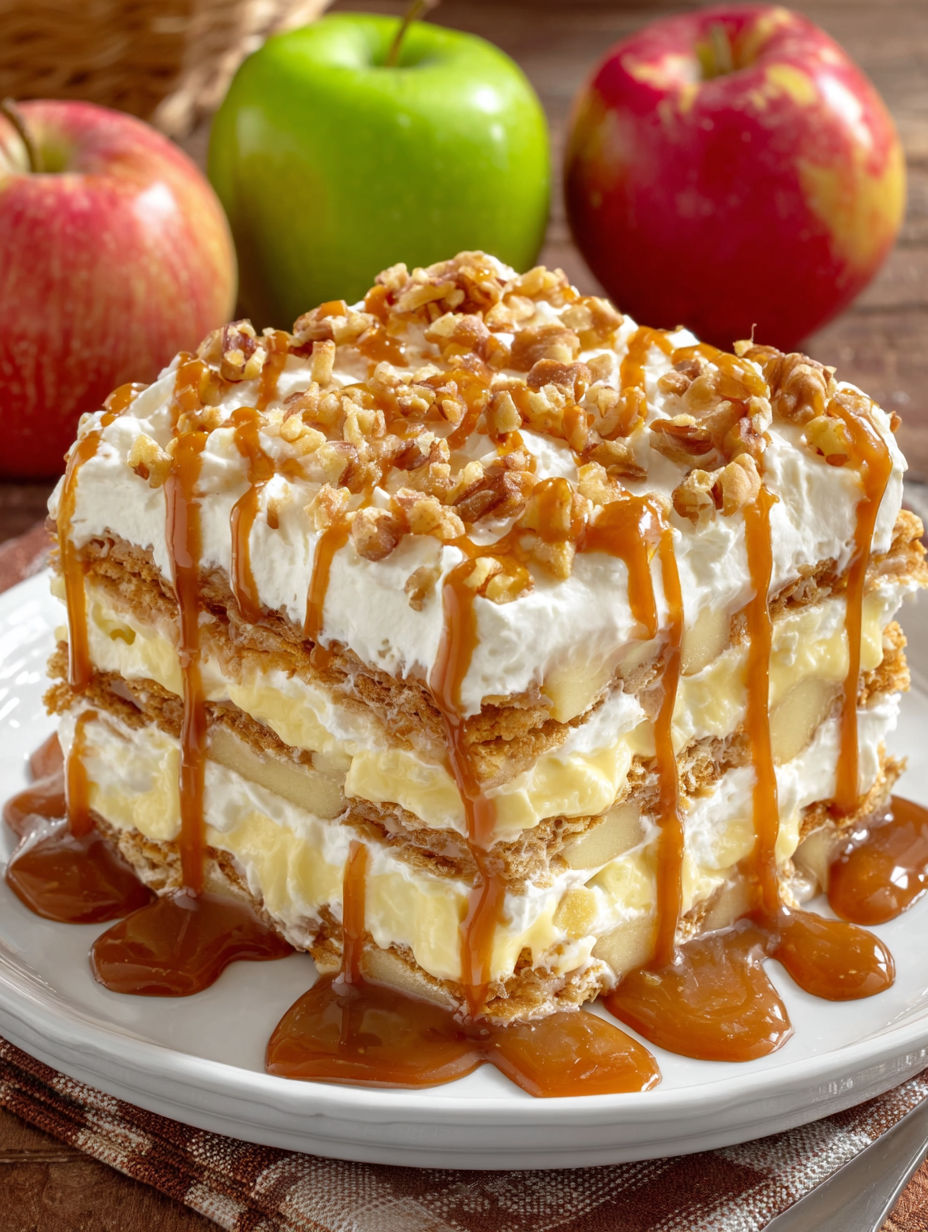 A slice of caramel apple eclair cake.