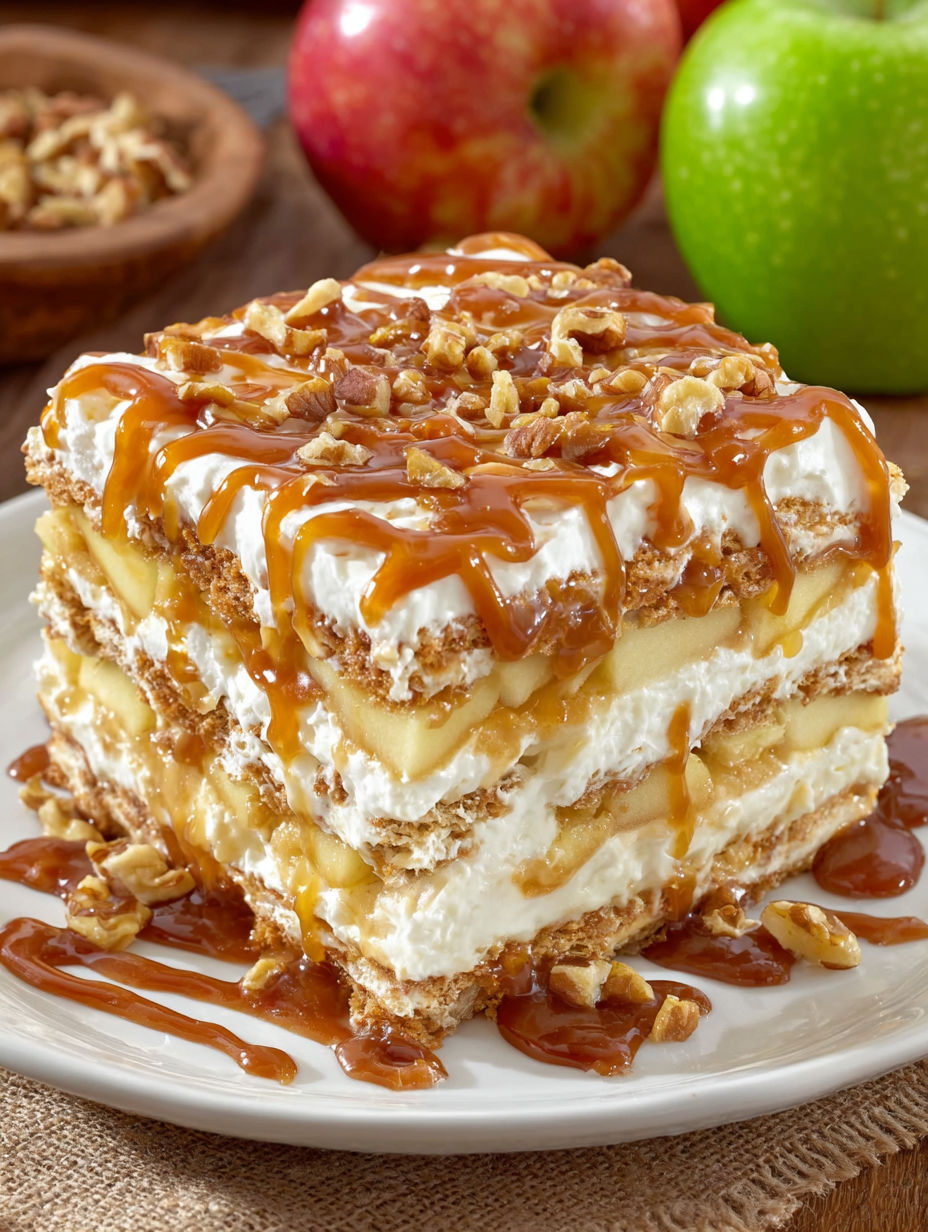 A slice of caramel apple eclair cake.