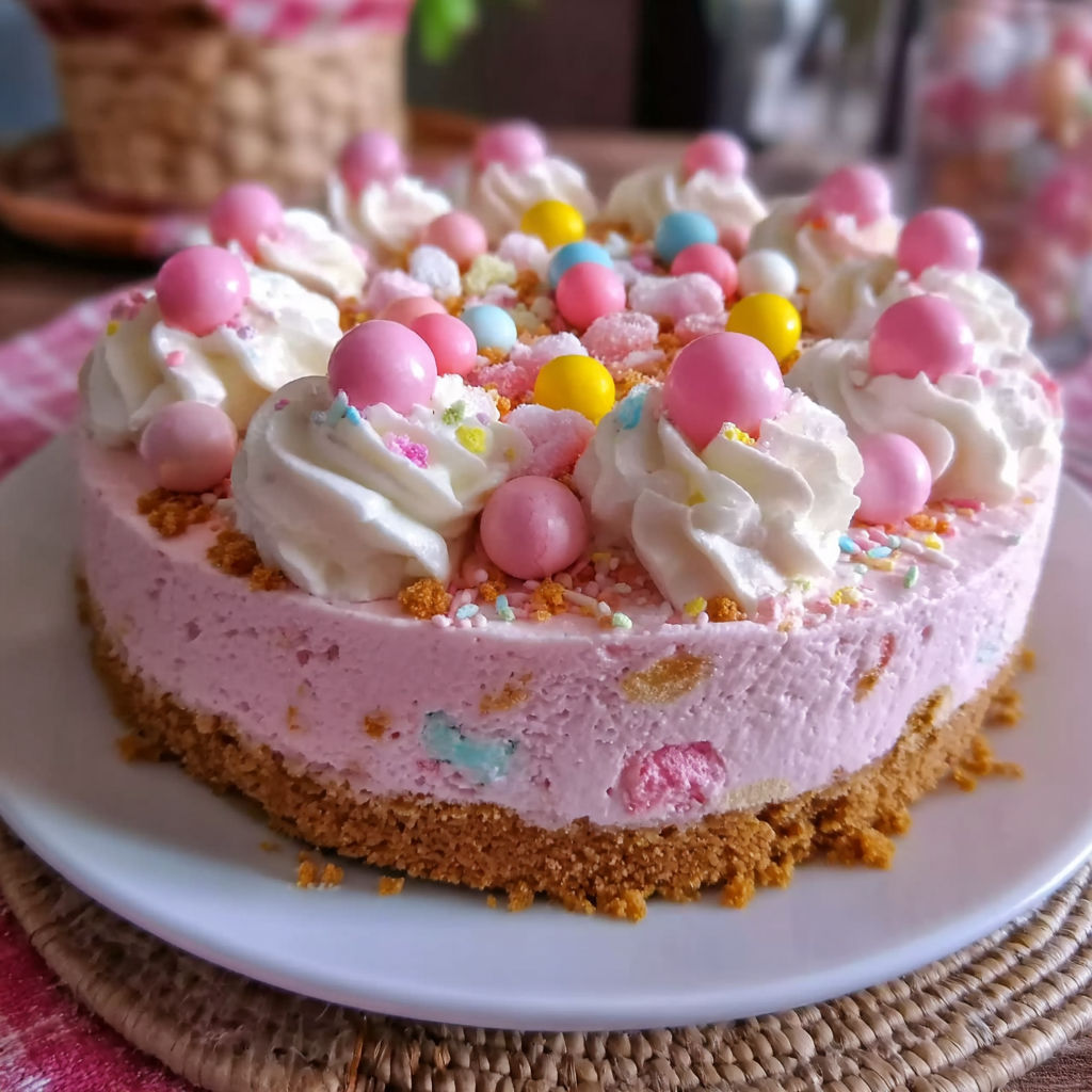 A slice of pink bubblegum cheesecake on a plate.