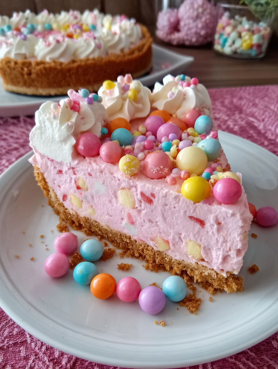 A slice of pink bubblegum cheesecake.