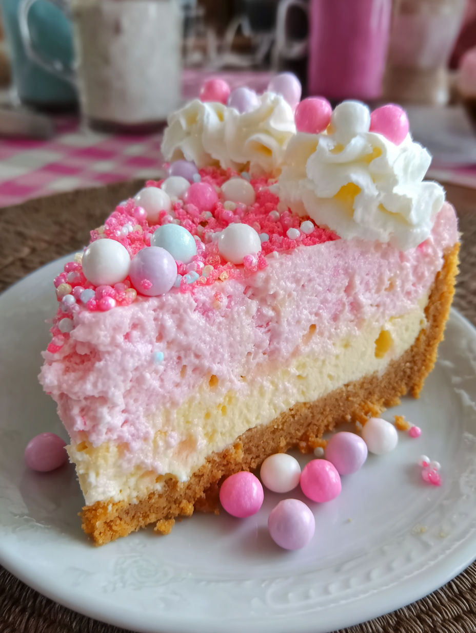 A slice of pink bubblegum cheesecake on a plate.