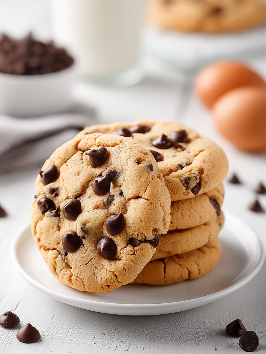 A plate of chocolate chip cookies.