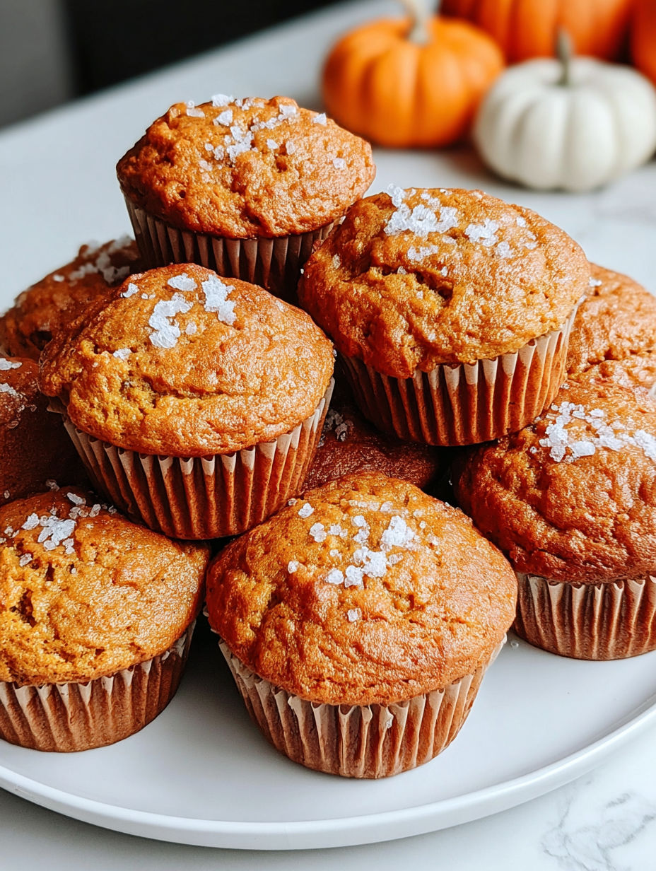 A stack of moist Greek yogurt pumpkin muffins.