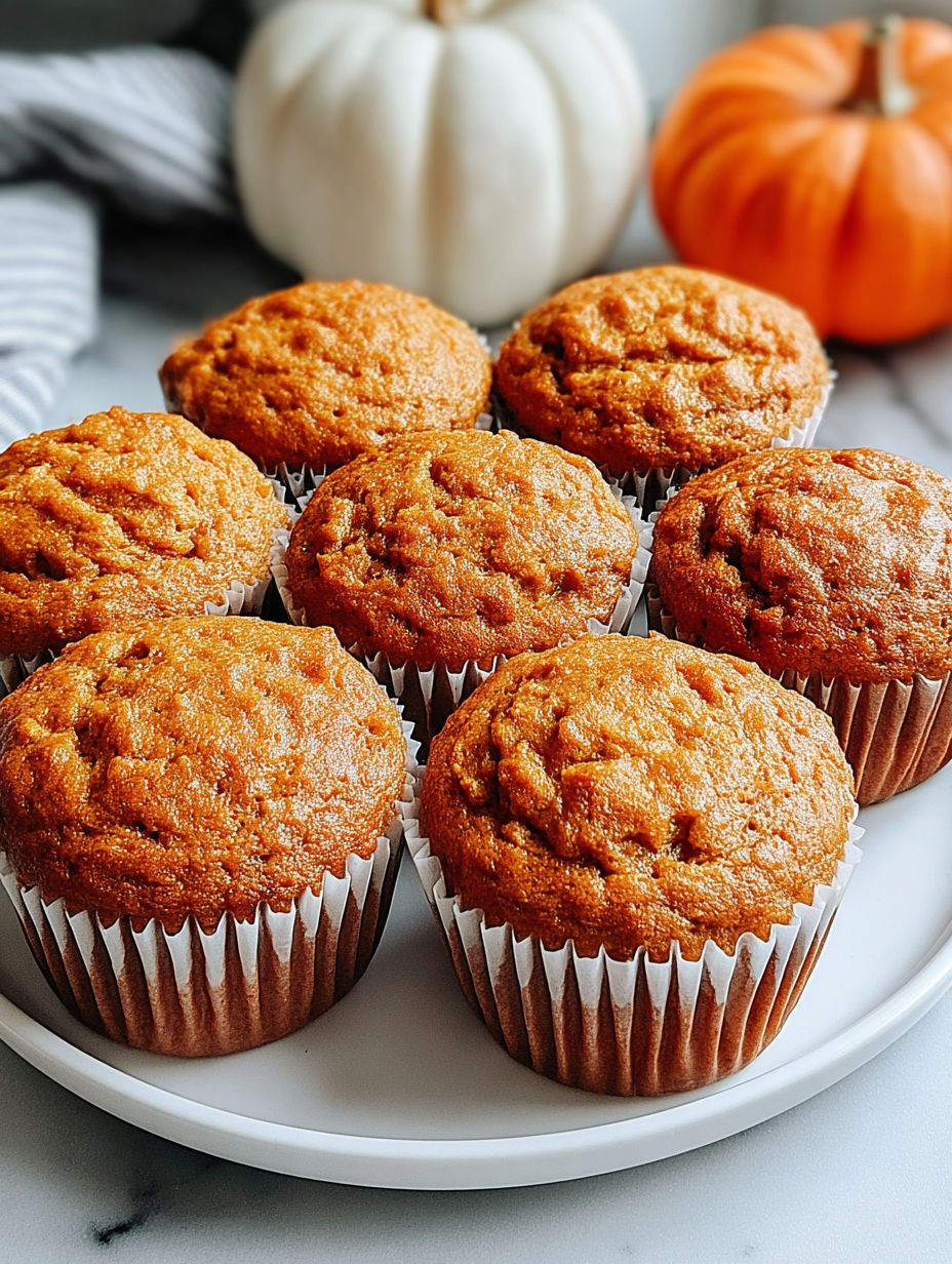 A plate of moist Greek yogurt pumpkin muffins.
