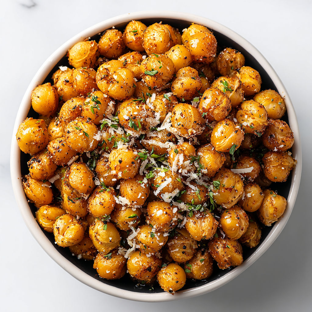 A bowl of chickpeas with cheese and herbs.