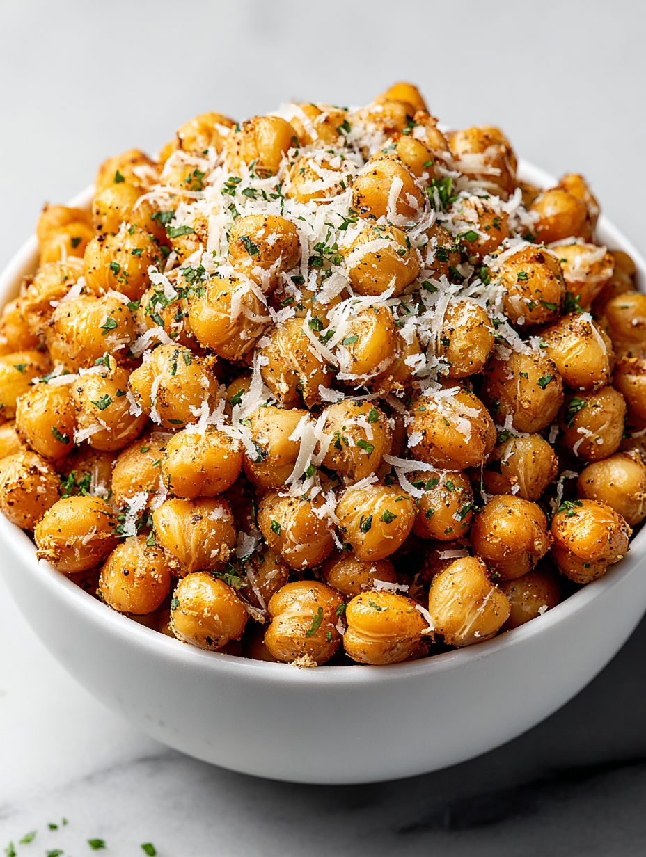 A bowl of chickpeas with cheese on top.