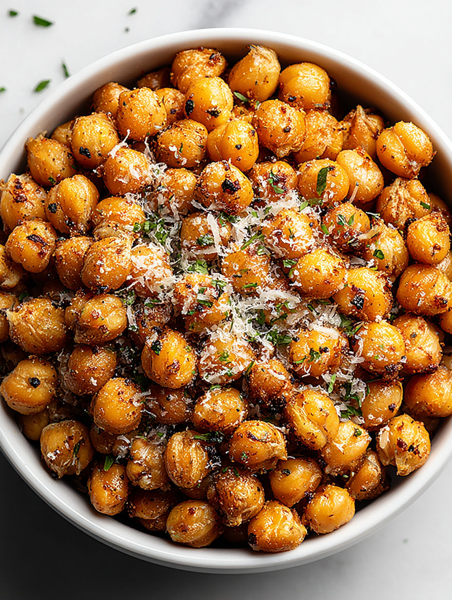 A bowl of chickpeas with cheese and herbs.
