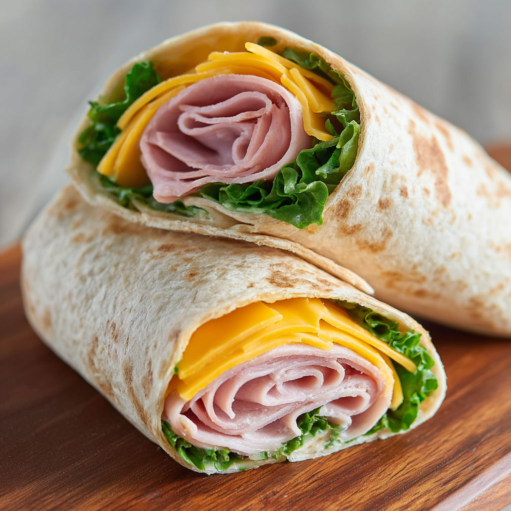 A ham and cheese wrap on a wooden board.