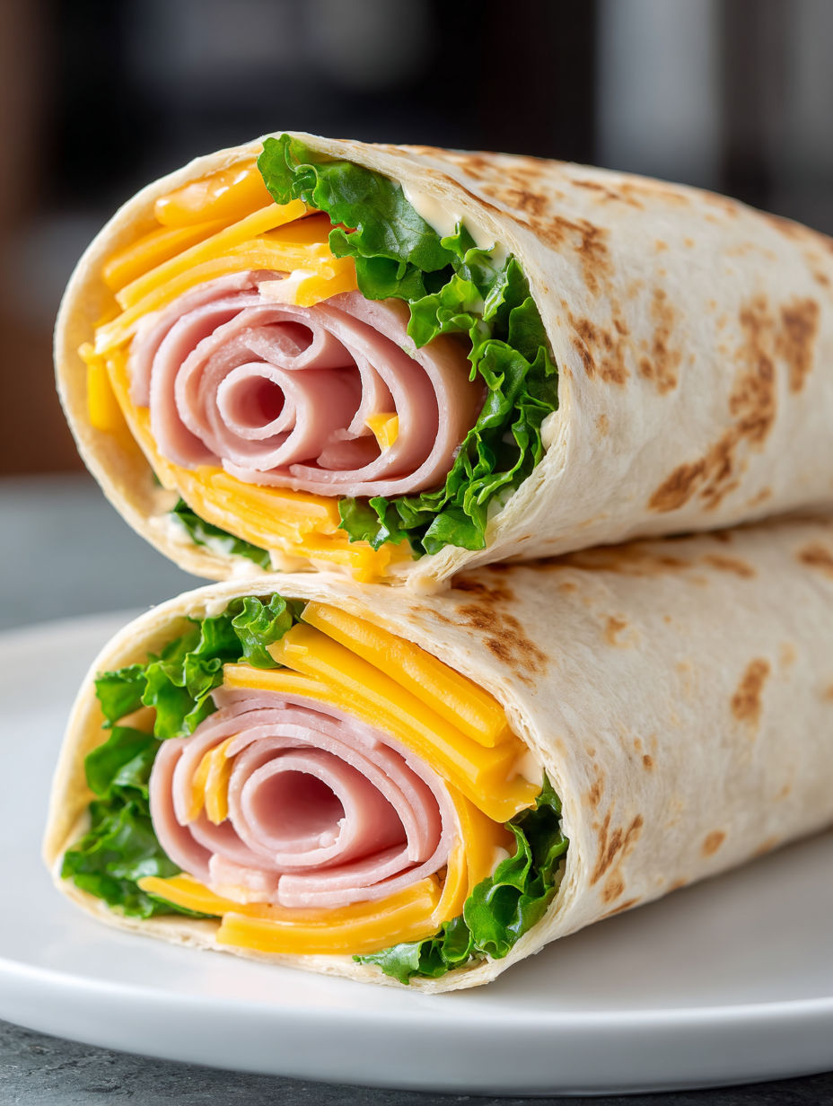 A ham and cheese wrap is on a plate.