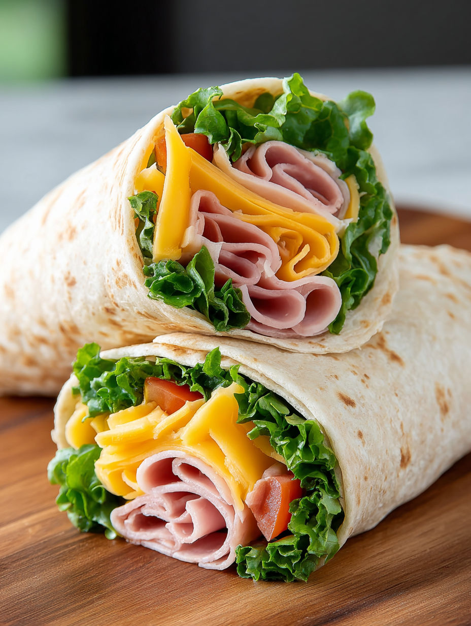 A ham and cheese wrap on a wooden table.