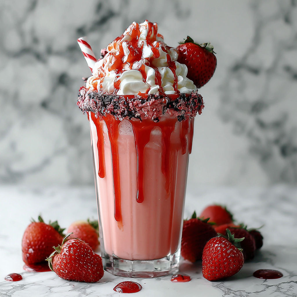 A glass of a bloody berry milkshake with strawberries on the side.
