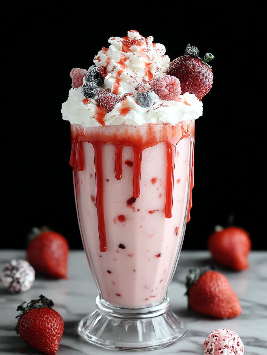 A glass of a bloody berry milkshake.