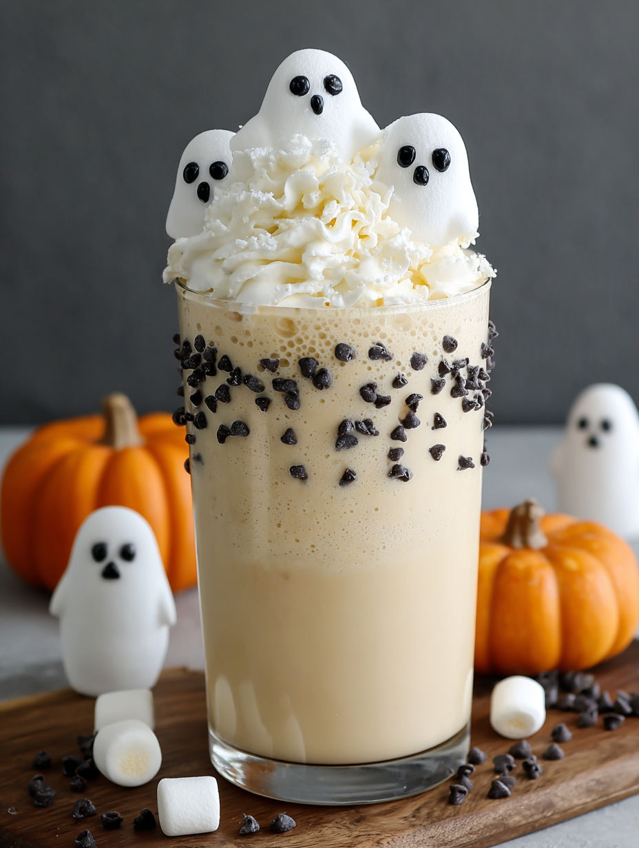 A glass of milkshake with ghostly decorations.