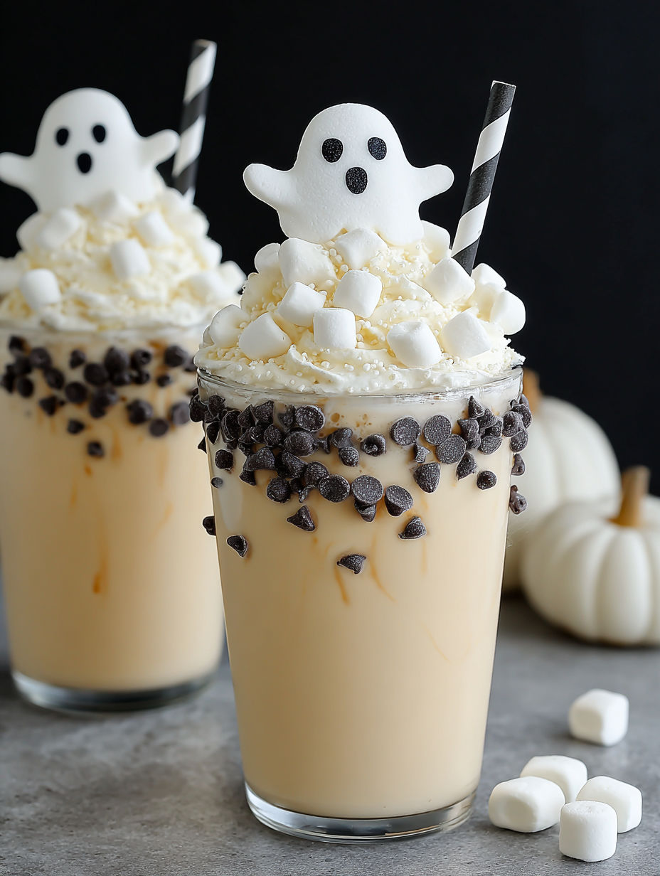 A ghostly vanilla milkshake with marshmallows on top.