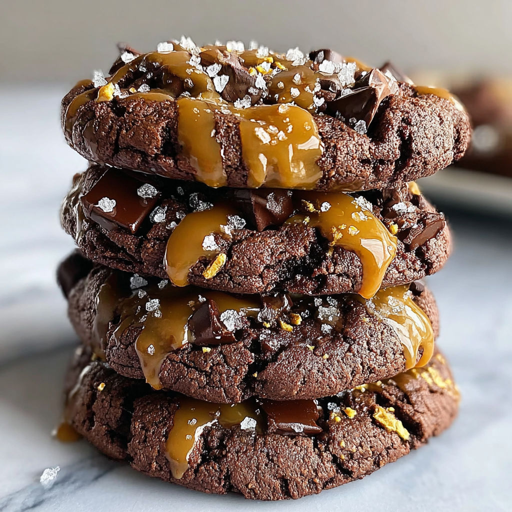 Three stacked chocolate cookies with caramel drizzle.