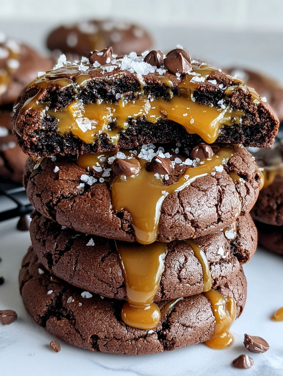 A stack of chocolate cookies with caramel drizzled on top.