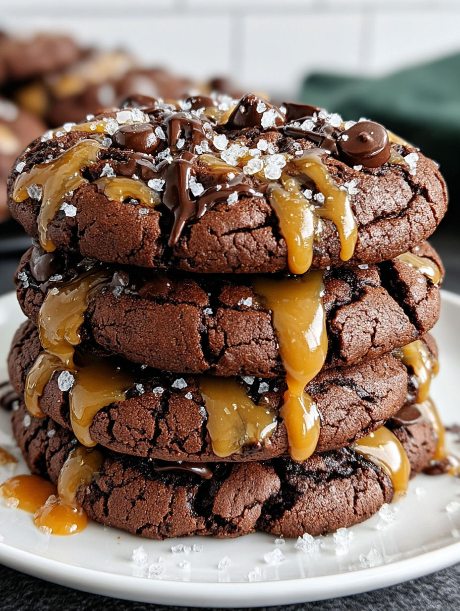 A stack of chocolate cookies with caramel drizzle.