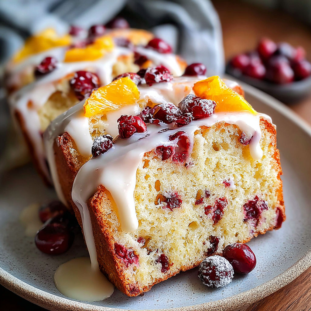 A slice of cranberry orange cake with white frosting.