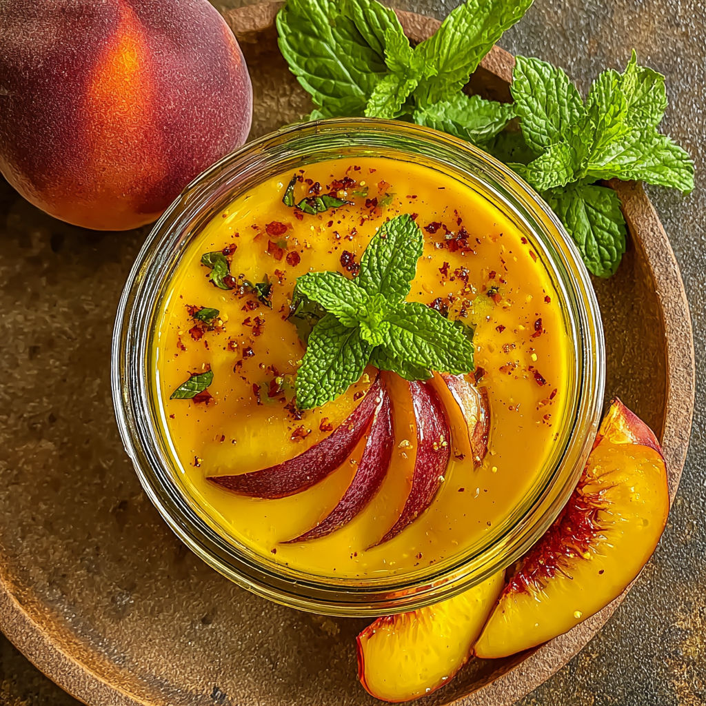 A glass bowl of peach salad dressing with a peach and mint garnish.