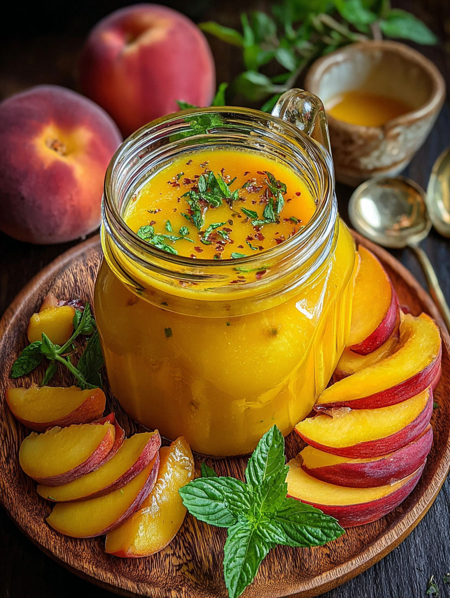 A glass of peach salad dressing with peaches and mint.