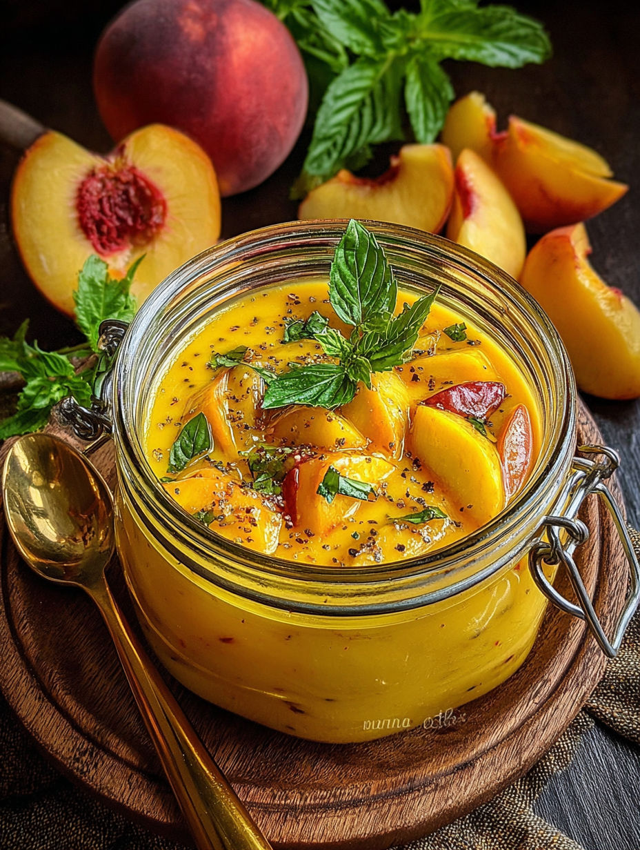 A glass bowl filled with a peach salad dressing.