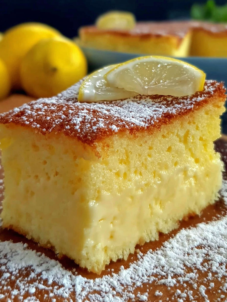 A slice of lemon custard cake with a lemon wedge on top.
